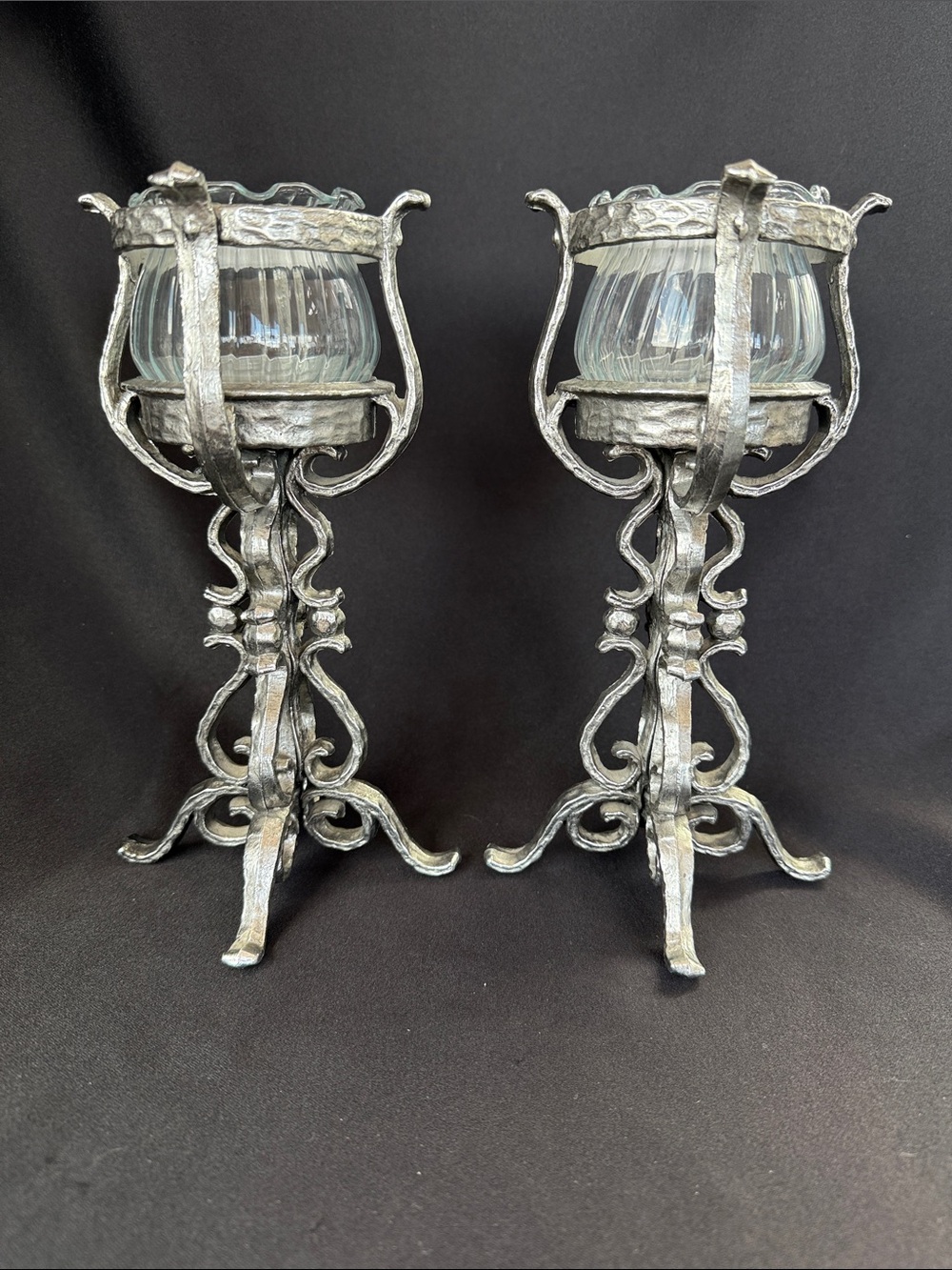 Vintage Silver Tone Scroll Metel Votives Candle Holders 9.5 Inches Tall
